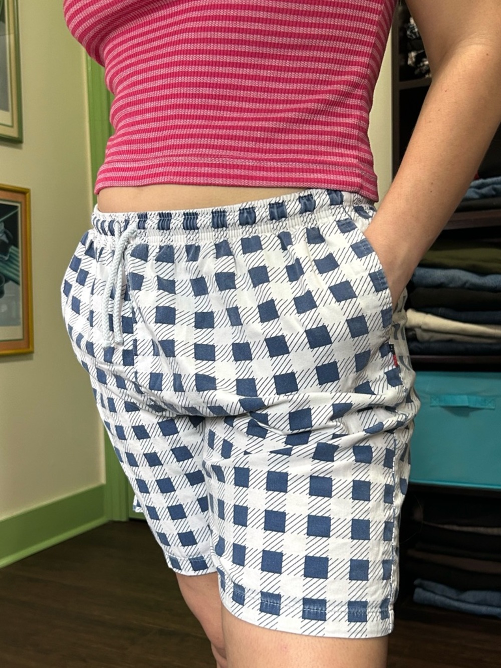 Blue + white Checkered Cotton Lounge Shorts Drawstring waist Minimalist Classic